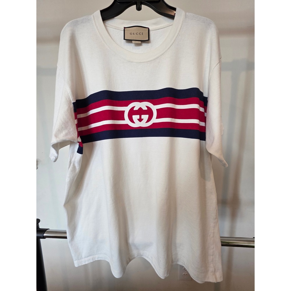 Gucci Off White Red Blue Stripe Logo T Shirt Men's sz L Made in Italy Luxury - Picture 10 of 13